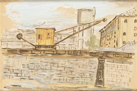 ORFEO TAMBURI (Jesi, 1910 - Parigi, 1994): Pasaggio romano con gru sul Tevere, 1934