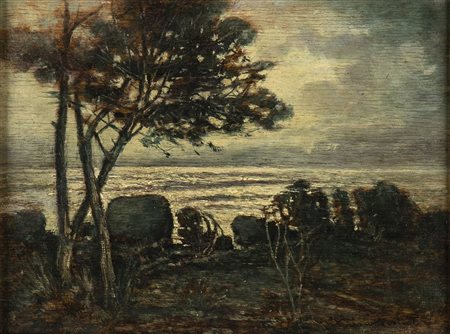 GINO ROMITI (Livorno, 1881 - 1967): Paesaggio sul mare al crepuscolo