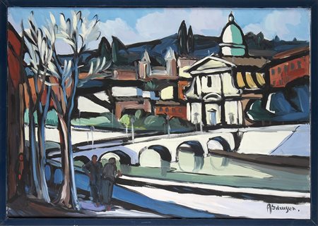 ACHILLE SDRUSCIA (Roma, 1910 - 1994): Veduta del Lungotevere e Ponte Principe Amedeo
