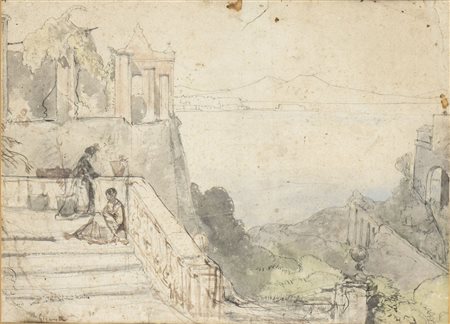 GIACINTO GIGANTE (Napoli, 1806 - 1876): Paesaggio napoletano con personaggi vari