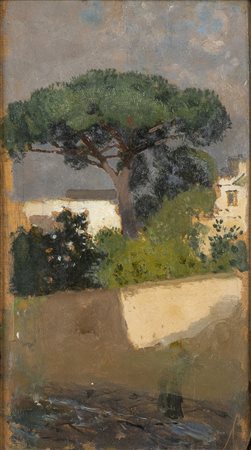 EDUARDO DALBONO (Napoli, 1841 – 1915): Paesaggio con case ed alberi