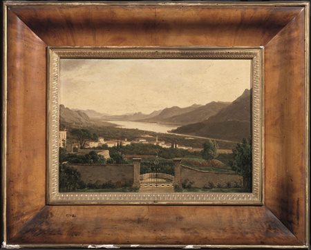 Scuola italiana, sec. XIXVEDUTA LACUSTRE DAL GIARDINO DI UNA VILLAolio su...