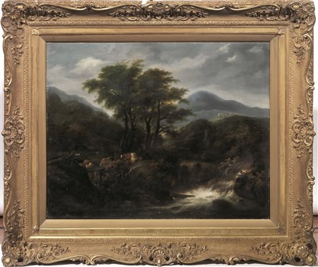 Scuola olandese, fine sec. XVIII-inizi XIXPAESAGGIO LACUSTRE CON ARMENTIolio...