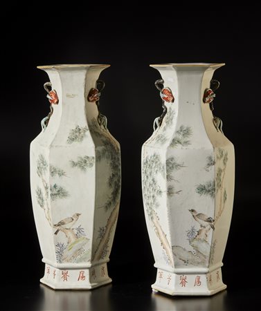 Arte Cinese - Coppia di vasi esagonali dipinti con vegetazione
Cina, circa 1920-1930.