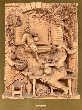 Olindo Scuto (Catlagirone 1921-2017)  - Altorilievo in terracotta con cinque personaggi, 20° secolo