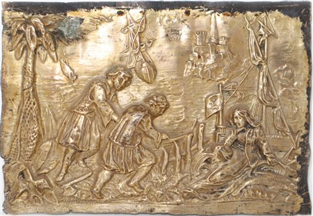 Placca in argento sbalzato vermeille raffigurante veliero con personaggi, late 18° secolo