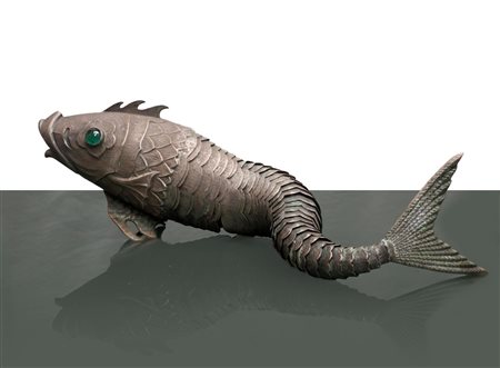 Pesce in argento 915, articolato con occhi in pasta verde, Spain, 20° secolo