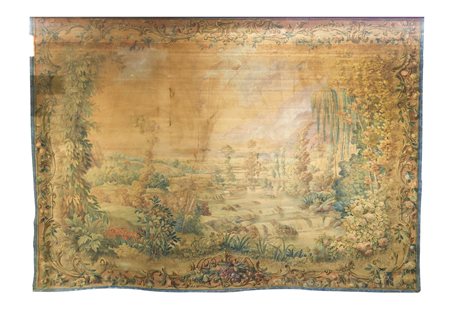 Arazzo succo d'erba raffigurante paesaggio fluviale con alberi, Late 19° secolo