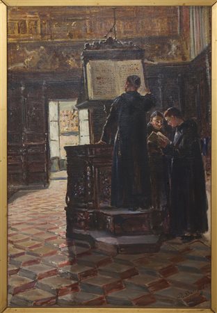 Domenico Battaglia (1842-1904)  - Interno di chiesa con preti sul pulpito