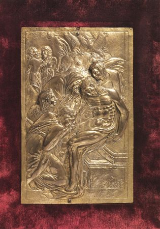 Placchetta, Scuola veneta, fine sec. XVI, a sbalzo in bronzo dorato...