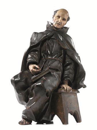 Scultura, sec. XVII, Figura di monaco assiso su uno sgabello, in legno...