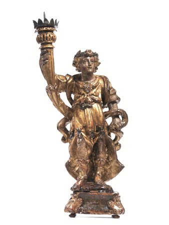 Scultura, sec. XVII, Angelo portacero, in legno policromo intagliato e...