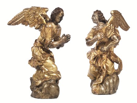 Coppia di sculture, Genova sec. XVIII, Angeli portacero, genuflessi in legno...
