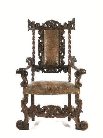 Seggiolone, Venezia, fine sec. XVII, in noce scolpito a patina scusa,...