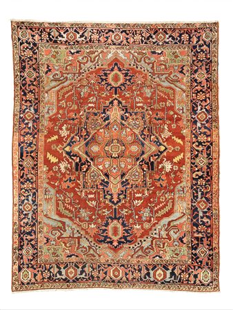 Tappeto persiano Heriz, sec. XIX, fondo rosso mattone, nel campo decori...