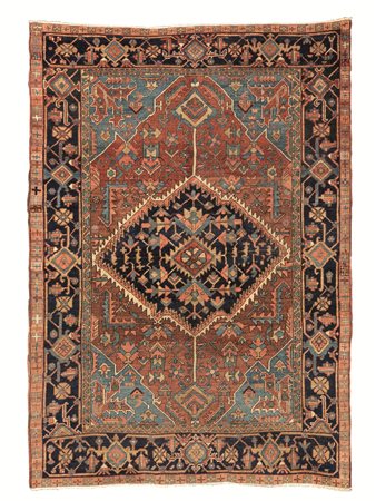 Tappeto persiano Heriz, metà sec. XIX, fondo rosso mattone con medaglione...