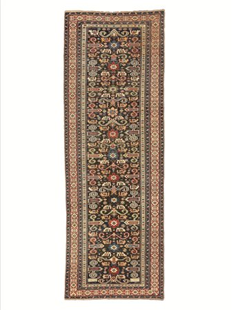 Tappeto caucasico Scirvan Perepedil, datato 1884, fondo blu, con decoro a...