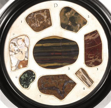 Coppia di cornici, in ebano, contenenti all'interno pietre semipreziose e...