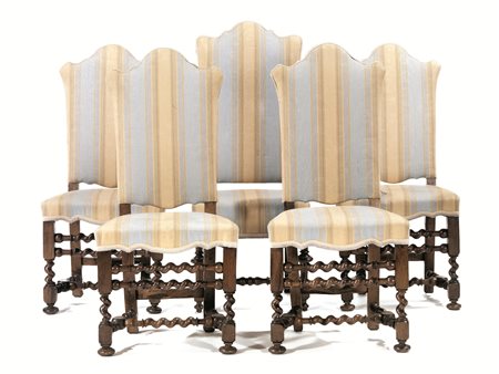 Dieci seggioloni, Toscana, seconda metà sec. XVII, in noce a patina scura,...