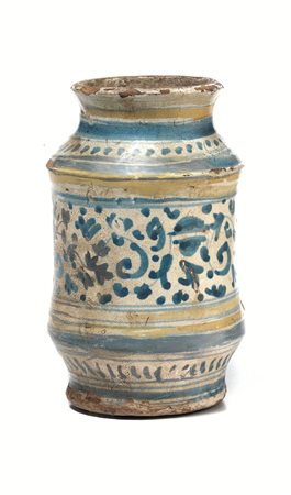Albarello, Fabriano o Deruta, sec. XVII, in maiolica a disegno vegetale nei...