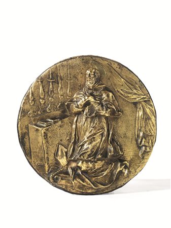 Placca, Roma, fine sec. XVII, in bronzo dorato raffigurante Santo Vescovo,...