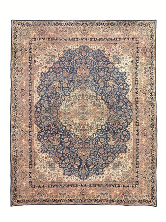 Tappeto persiano di fine lavorazione Kirman Ravar, sec. XIX, fondo blu con...