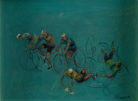 NINO CORRADO CORAZZA (Bologna 1897 - 1975) "Ciclisti". Olio su tela. Cm...