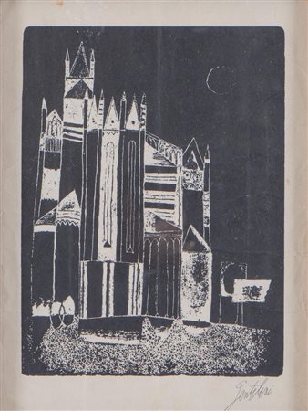 FRANCO GENTILINI (Faenza 1909 - Roma 1981) "Cattedrale". Linoleografia su...