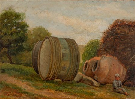 LUIGI BECHI (Firenze 1830 - 1919) "Aia colonica". Olio su tavola. Cm 21x28,5....