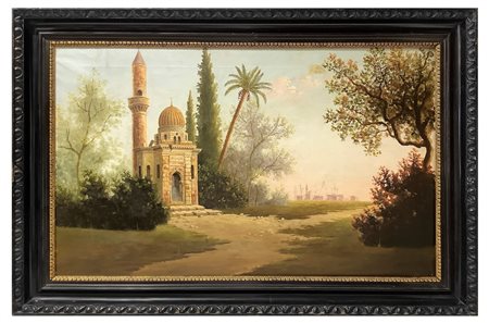 Matteo Olivero - Moschea con minareto in un paesaggio orientaleggiante, fine 19° secolo