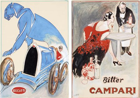 BACCI GIUSEPPE Bologna 1921 Bugatti - Bitter Campari lotto di 2 tempere su...