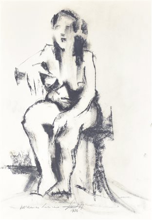 Santi NUDO SEDUTO carboncino su carta, cm 70x50 firma, data e dedica ad...