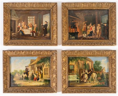 Maestro del XIX secolo. "Scene popolari". Lotto composto da quattro dipinti...