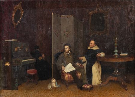 FRANCESCO MASTELLARI (Bologna 1828 - 1901) "Scena di interno". Olio su tela....