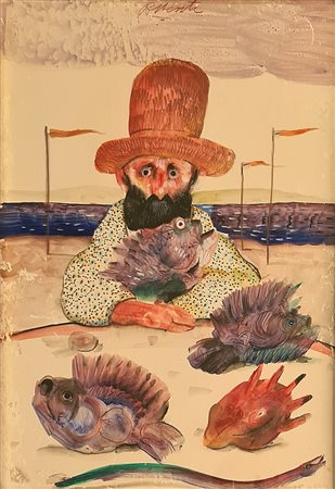 Antonio Possenti, 'Uomo e pesci sulla spiaggia', Anni '60
