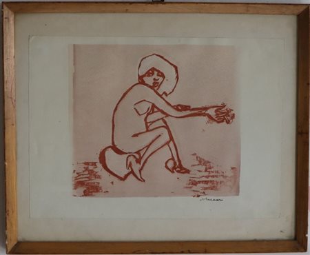 Mino Maccari "La donnina su cuore" 
Linoleum
cm 26x36
firmata in basso a destra.