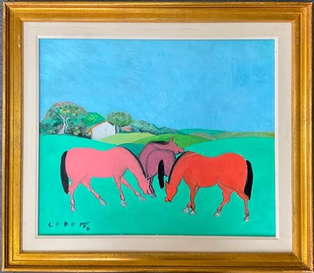 Giuseppe Cesetti "Tre cavalli nel paesaggio" 1982
olio su tela
cm 50x60
firmato