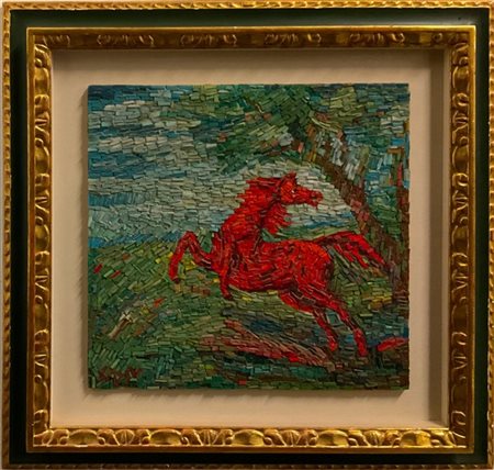 Aligi Sassu "Cavallino Rosso impennato" 
mosaico su tavola, esemplare unico
cm 5