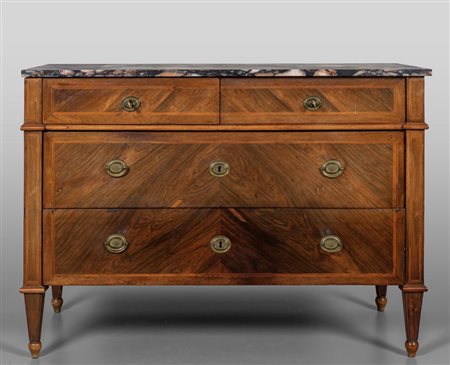 Comò Luigi XVI a due cassetti più due, lastronato 