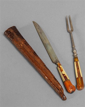 Coppia di posate da viaggio in argento, ambra ed 