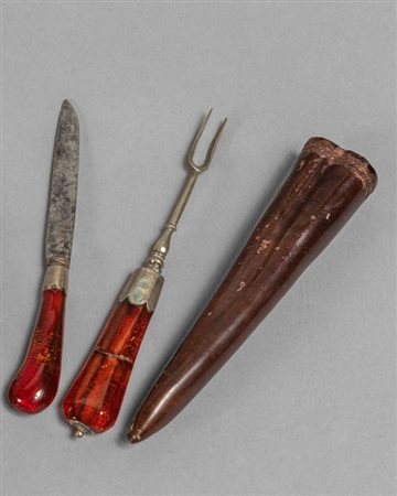 Coppia di posate da viaggio in argento e ambra 