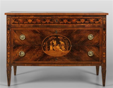 Comò Luigi XVI a due cassetti più uno, finemente 