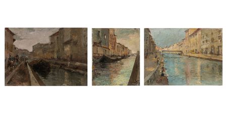 Pietro Adamo Rimoldi (Milano 1869-1939)  - Trittico del naviglio (Ripa Ticinese; La Martesana; Naviglio Pavese), 1908-1912