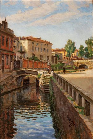 Lazzaro Pasini (Reggio Emilia 1861-Milano 1949)  - Naviglio a Milano, 1930