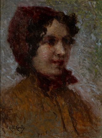 Antonio Curti (Milano 1858-Cannobio 1945)  - Ritratto di giovane donna con fazzoletto rosso, 1942