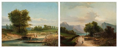 Scuola lombarda, secolo XIX - Paesaggi con viandanti