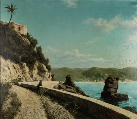 Giacinto Bo (Montanaro canavese 1832-Torino 1912)  - La strada tra Santa Margherita Ligure e Portofino, 1891