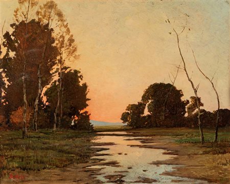 Luigi Bertelli (Caselle di San Lazzaro 1832-Bologna 1916)  - Tramonto in pineta