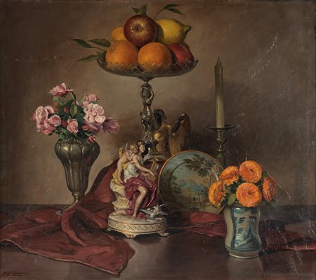 Carlo Romagnoli (Roma 1888-1965)  - Natura morta con alzata con arance e vaso con dalie, 1945