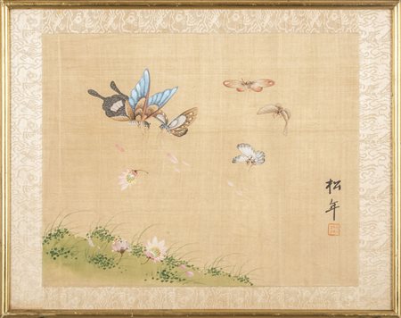 Farfalle, dipinto su seta, Cina inizi 